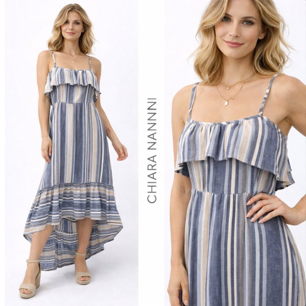 Chiara Nannini Blue Tan Striped Linen Maxi Dress size small high low